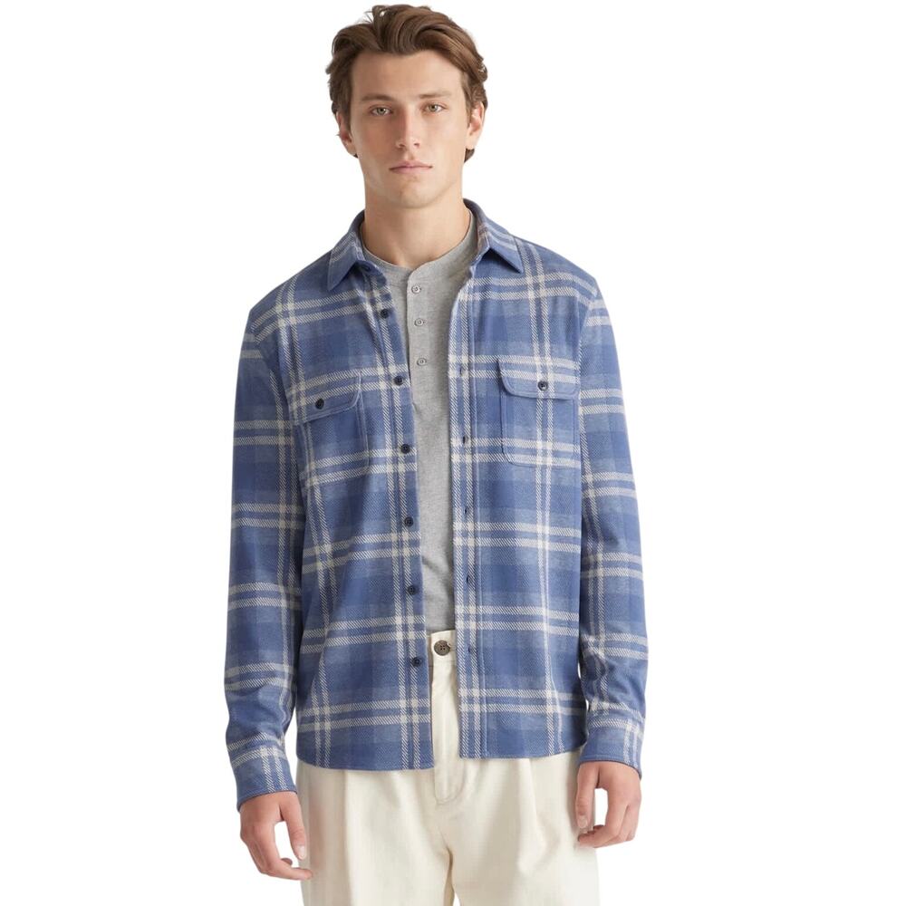 NWT QUINCE Men’s Blue Plaid Stretch Sweater Fleece Button Up Shirt